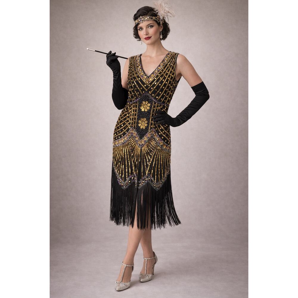 Babeyond Womens Flap Dress Size S Sequins Fringe Great Gatsby Party 20th Black